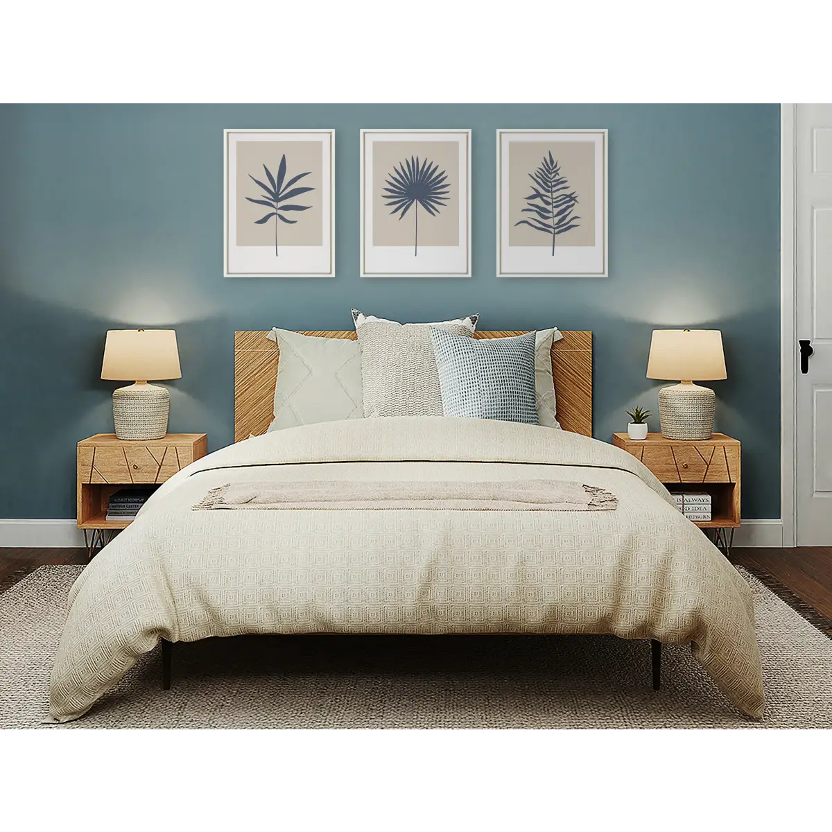 Framed Canvas Art - Muted Tan and Blue Color Block Botanical Palm - kateandlaurel