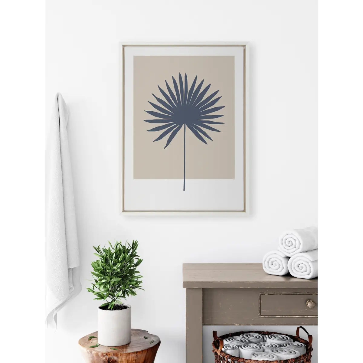 Framed Canvas Art - Muted Tan and Blue Color Block Botanical Palm - kateandlaurel