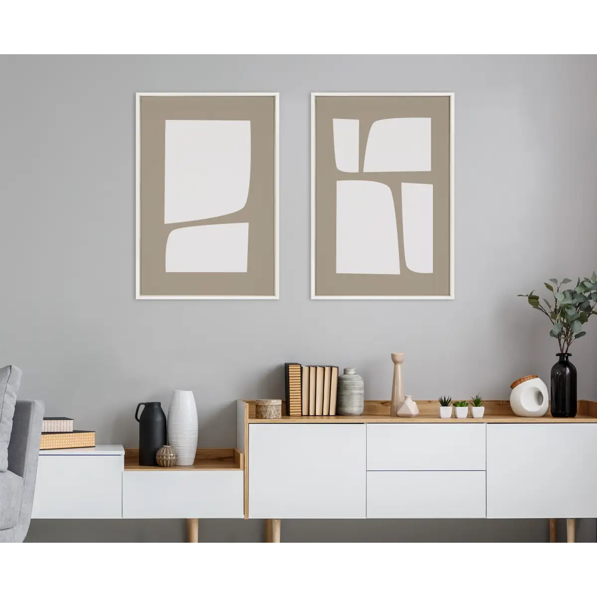 Framed Canvas Art - Neutral Abstract Shapes - Set of 3 - kateandlaurel