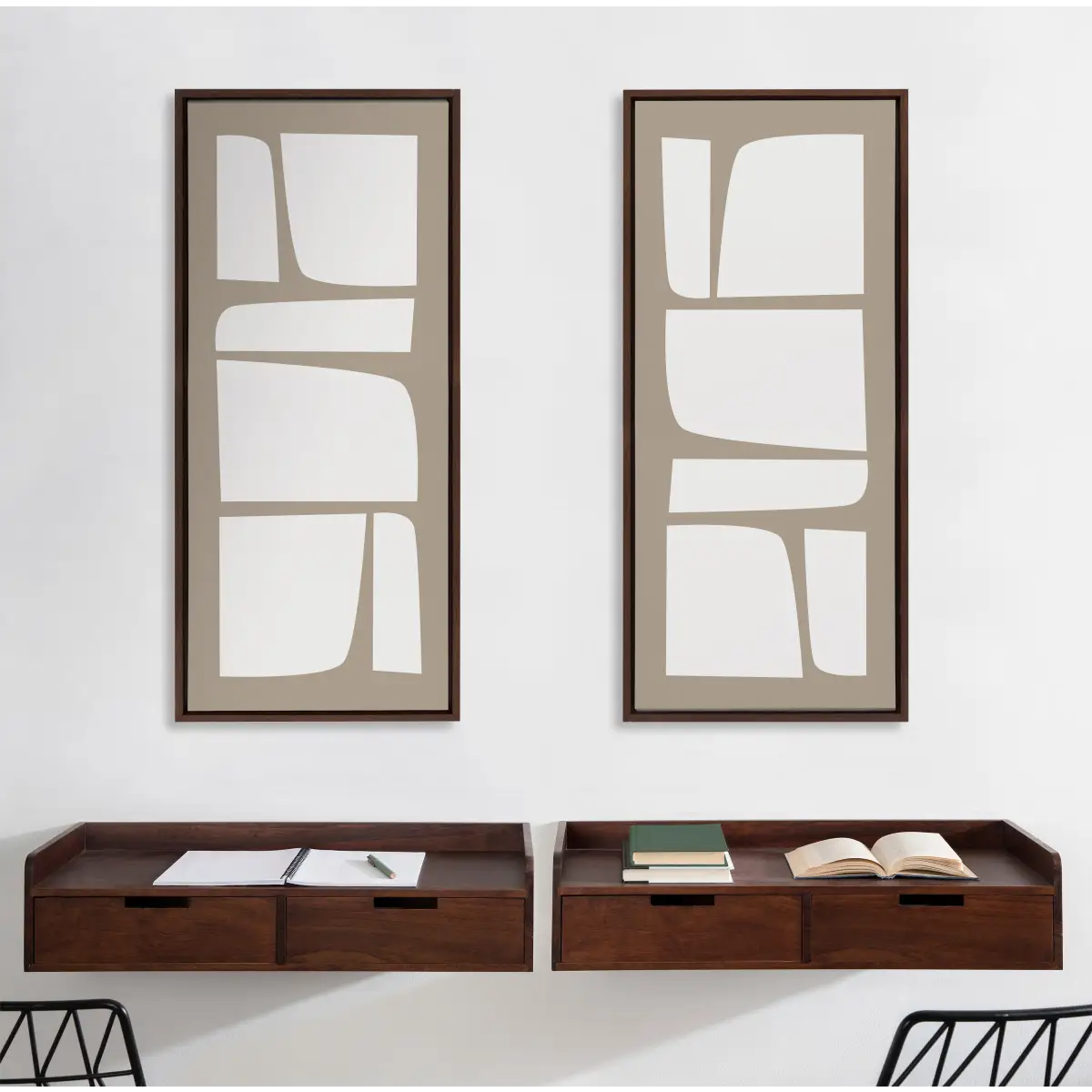 Neutral Abstract Aztec Shapes Panel Framed Canvas - kateandlaurel