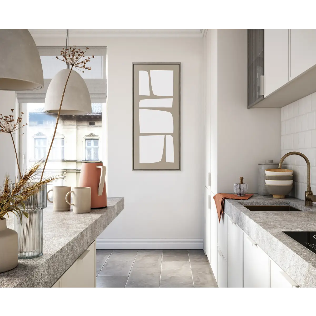 Neutral Abstract Aztec Shapes Panel Framed Canvas - kateandlaurel