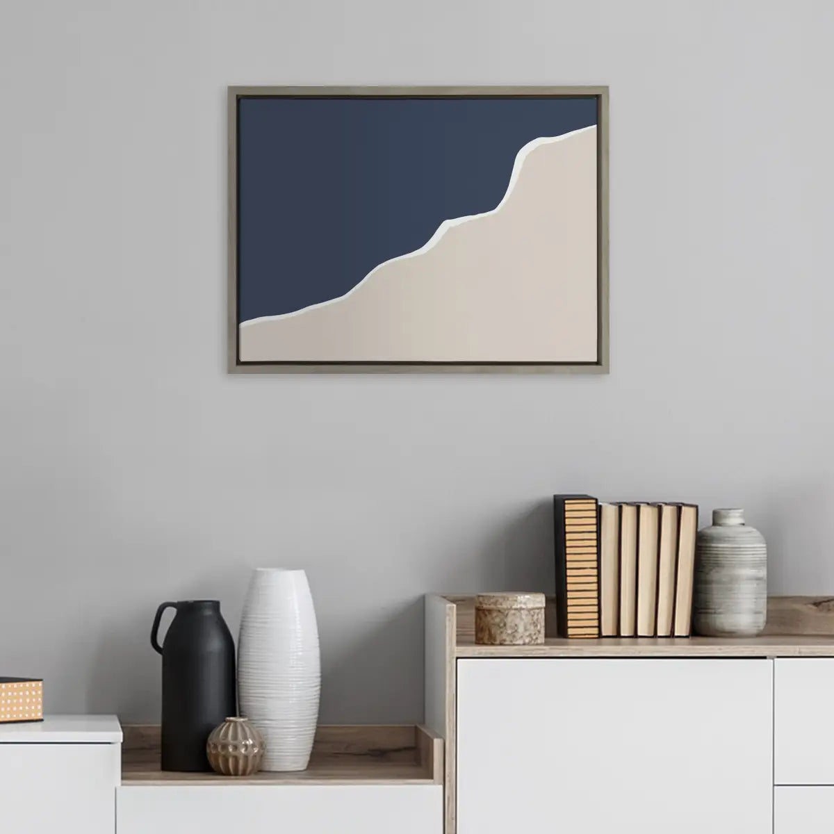 Framed Canvas Art - Ocean and Beach Abstract Landscape - Gray / 23x33 - kateandlaurel