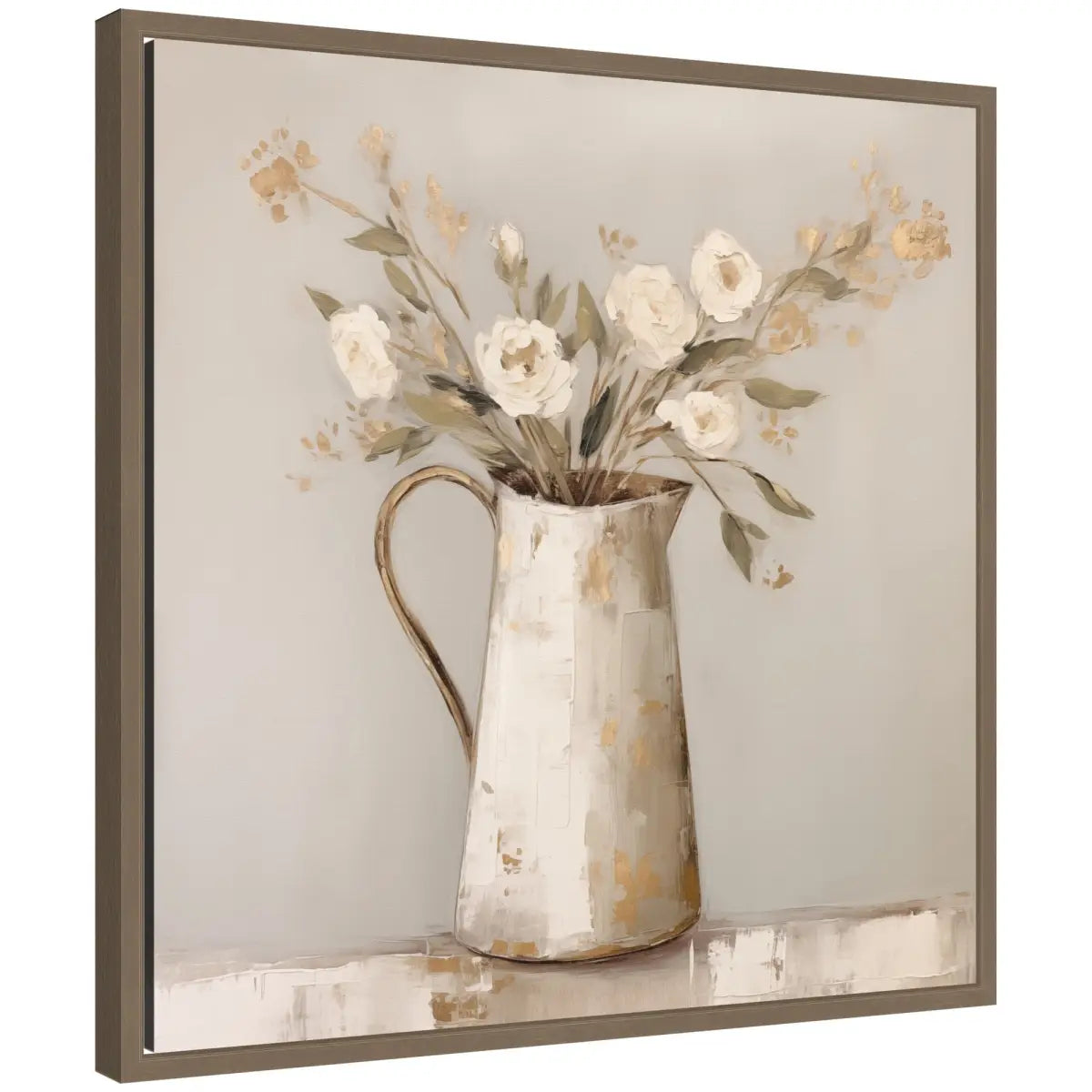 Framed Canvas - Pitcher with Flowers Boho Country 2 - Gold - kateandlaurel