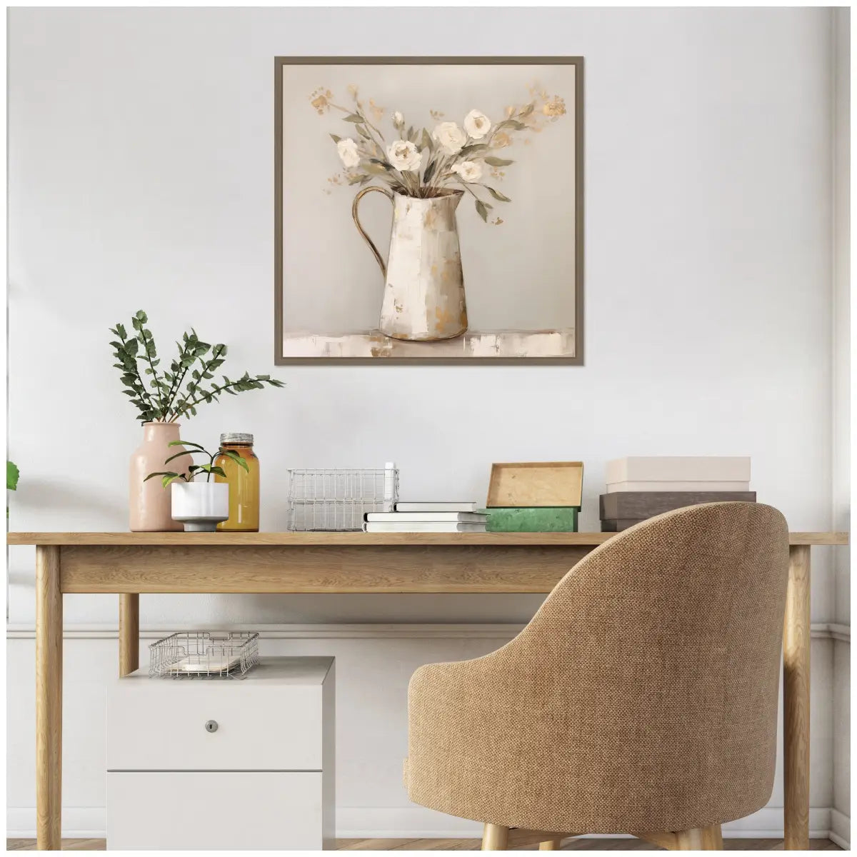 Framed Canvas - Pitcher with Flowers Boho Country 2 - Gold - kateandlaurel