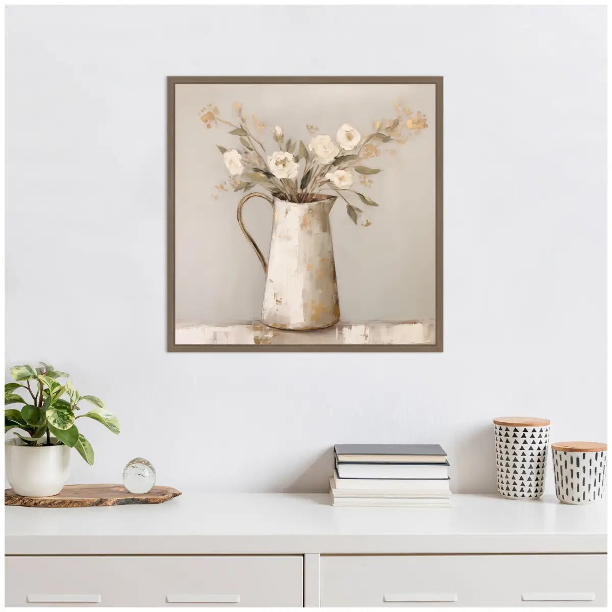 Framed Canvas - Pitcher with Flowers Boho Country 2 - Gold - kateandlaurel