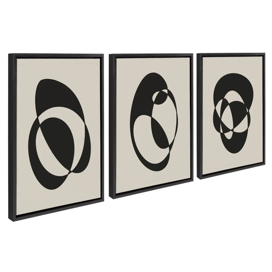 Retro MCM Abstract Graphic Shapes Framed Canvas Art - Set of 3 - Black - kateandlaurel