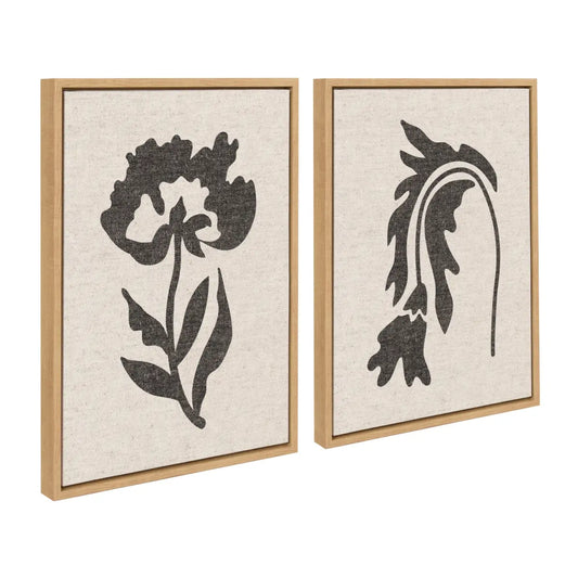 Scandi Botanical Neutral Textured Linen Framed Canvas Art Set - Natural / 2 Piece Set 18x24 - kateandlaurel