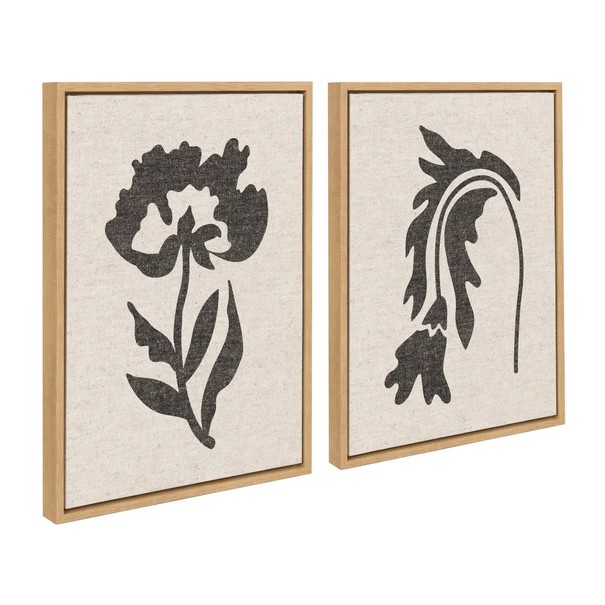 Scandi Botanical Neutral Textured Linen Framed Canvas Art Set - Natural / 2 Piece Set 18x24 - kateandlaurel
