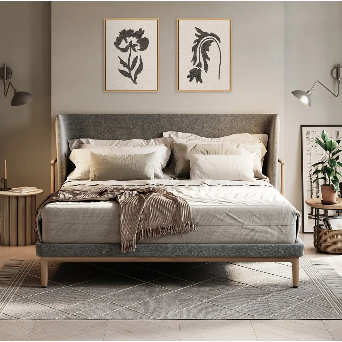 Scandi Botanical Neutral Textured Linen Framed Canvas Art Set - Natural / 2 Piece Set 18x24 - kateandlaurel
