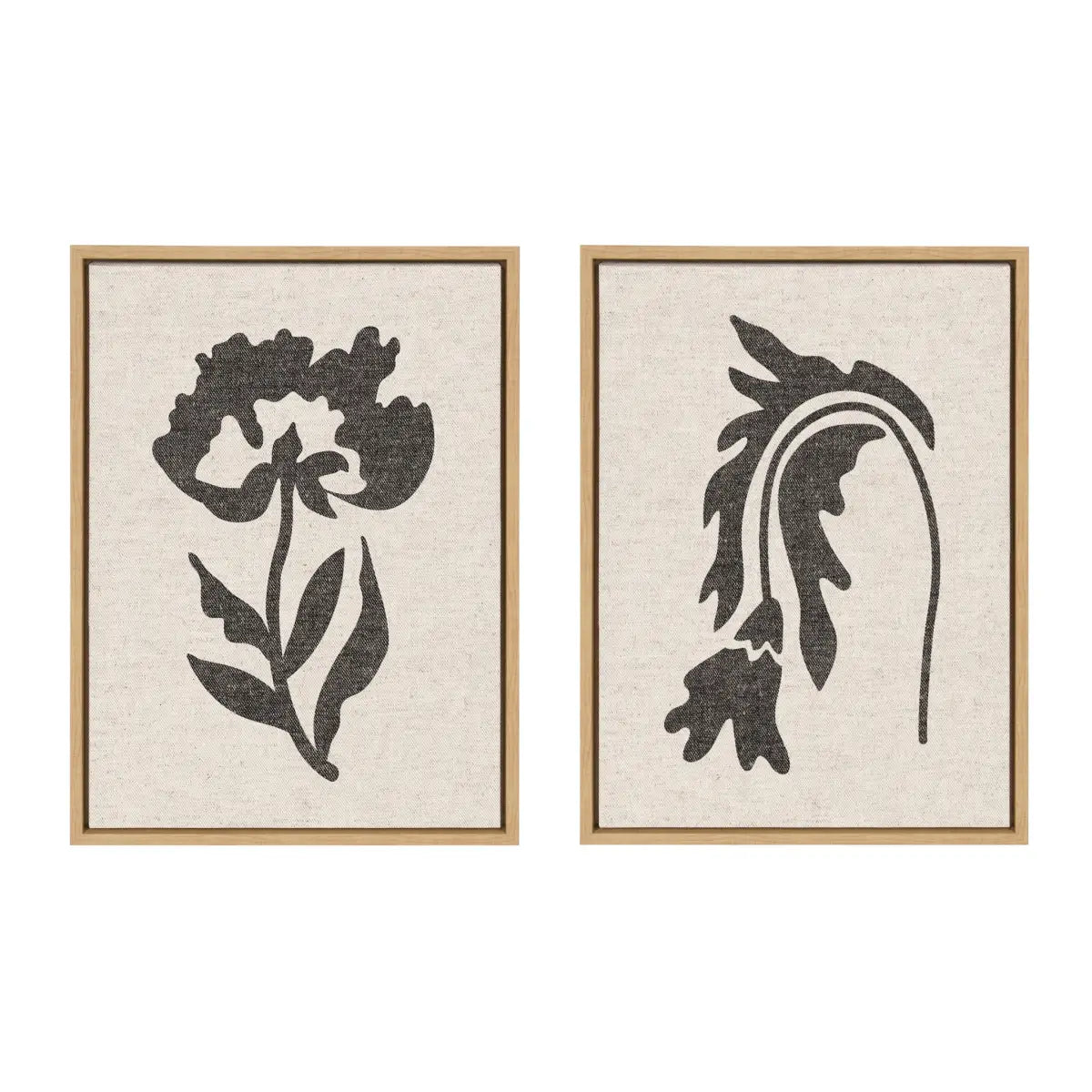 Scandi Botanical Neutral Textured Linen Framed Canvas Art Set - Natural / 2 Piece Set 18x24 - kateandlaurel
