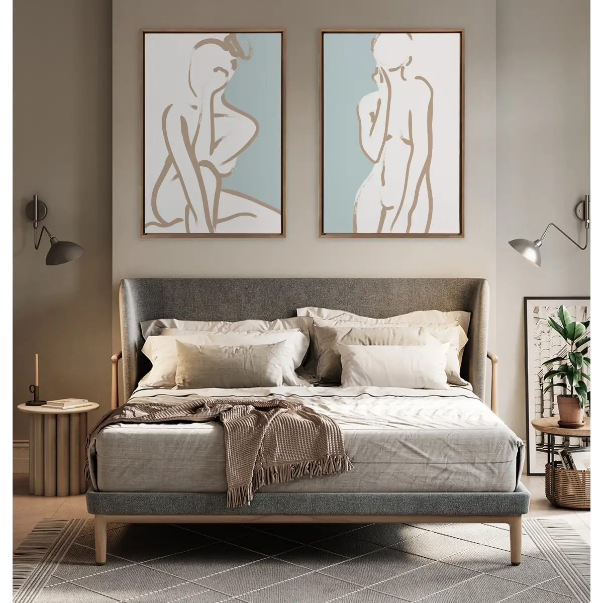 Framed Canvas Art - Simple Romantic Line Art Drawing Tan and Teal - kateandlaurel
