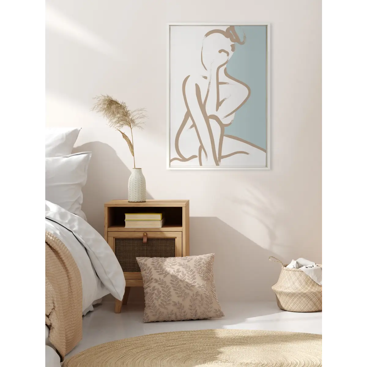 Framed Canvas Art - Simple Romantic Line Art Drawing Tan and Teal - kateandlaurel