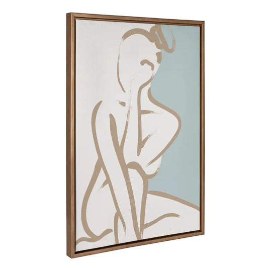 Framed Canvas Art - Simple Romantic Line Art Drawing Tan and Teal - Gold / 23x33 - kateandlaurel