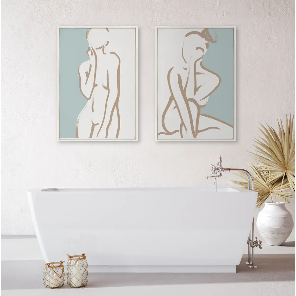 Framed Canvas Art - Simple Romantic Line Art Drawing Tan and Teal - kateandlaurel