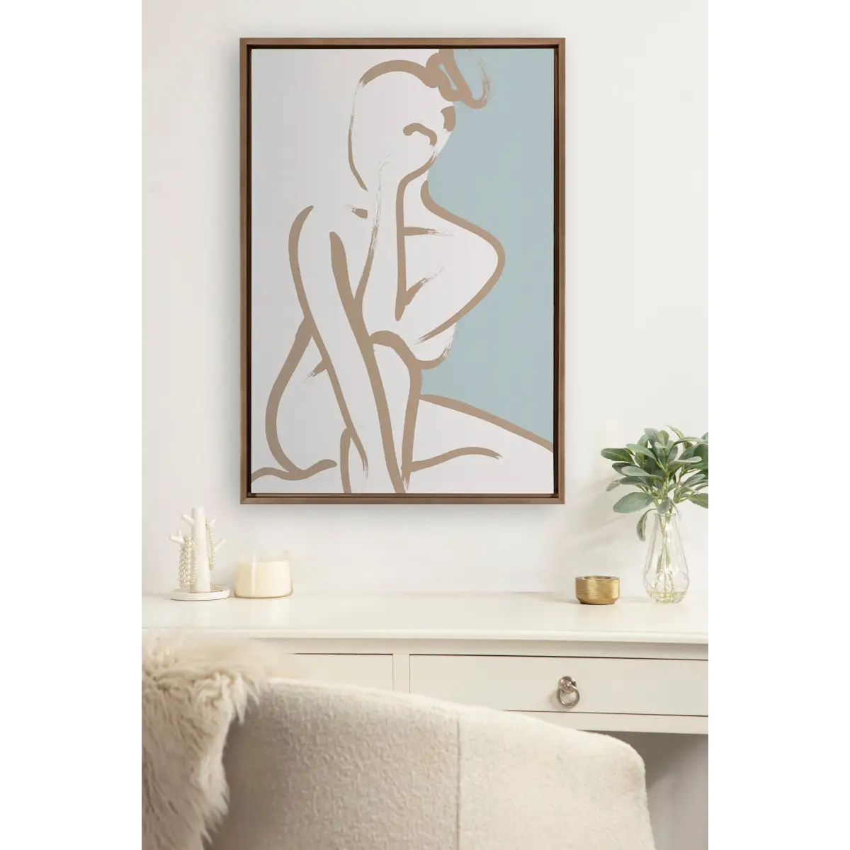 Framed Canvas Art - Simple Romantic Line Art Drawing Tan and Teal - kateandlaurel