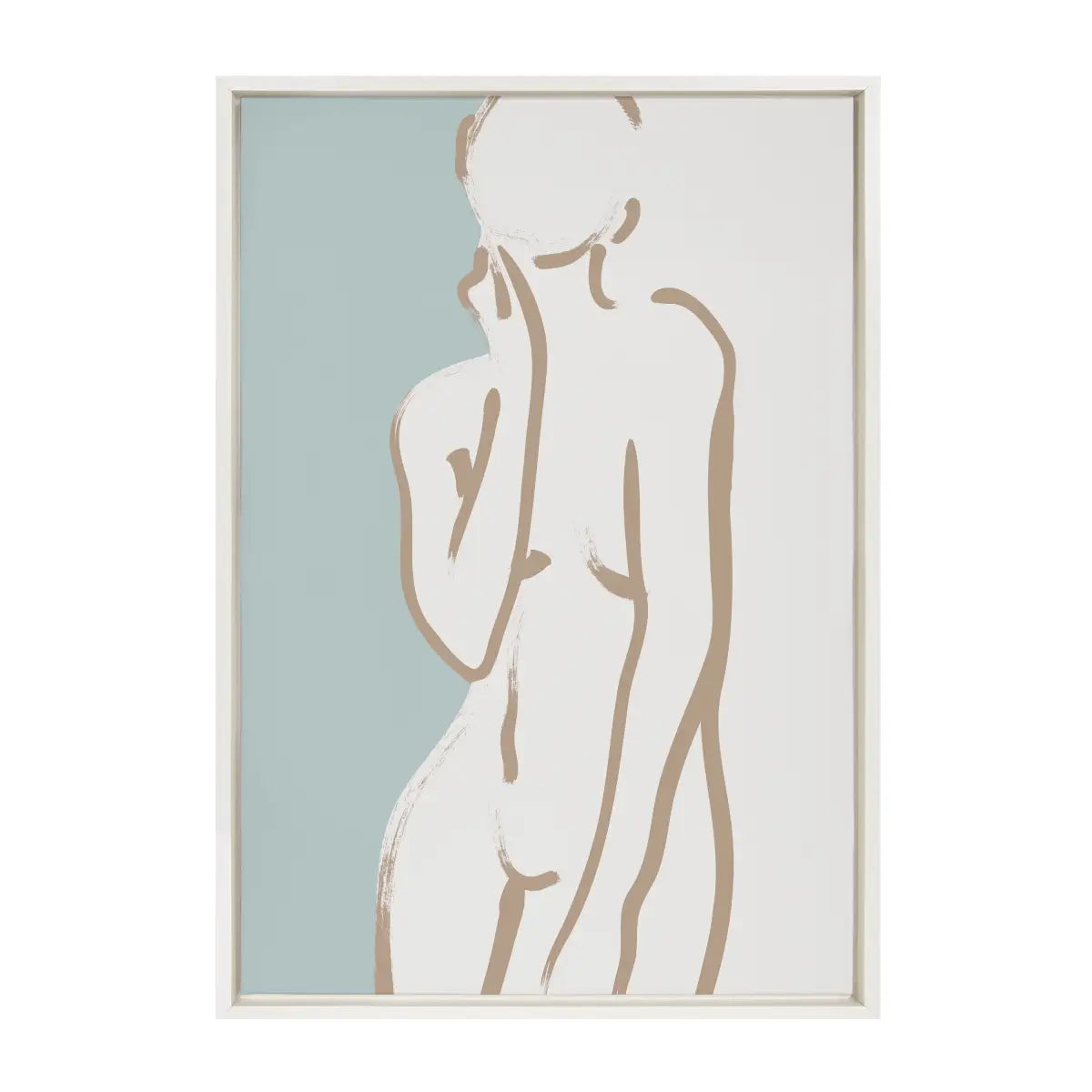 Framed Canvas Art - Simple Romantic Line Art Nude Drawing Tan and Teal - kateandlaurel