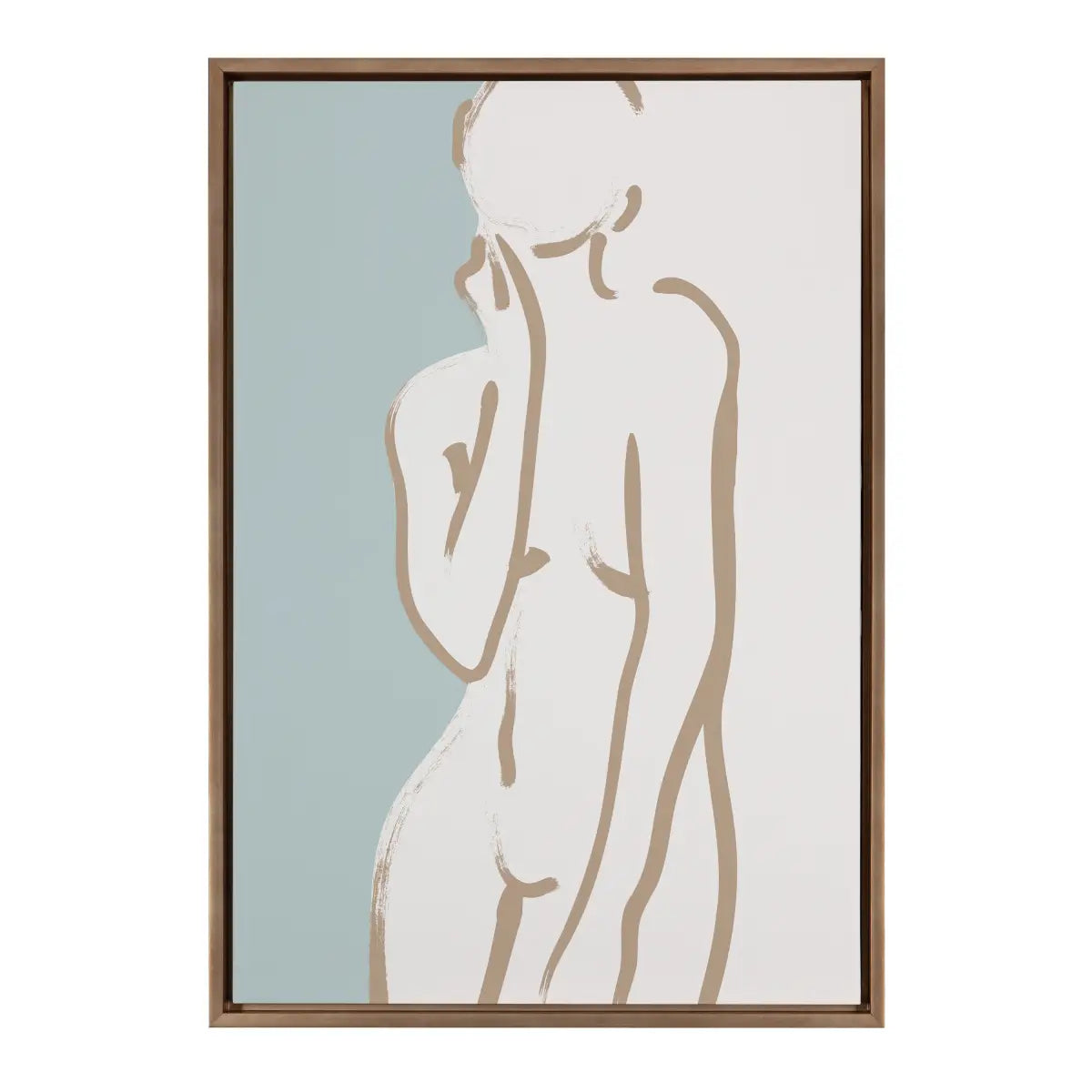 Framed Canvas Art - Simple Romantic Line Art Nude Drawing Tan and Teal - kateandlaurel