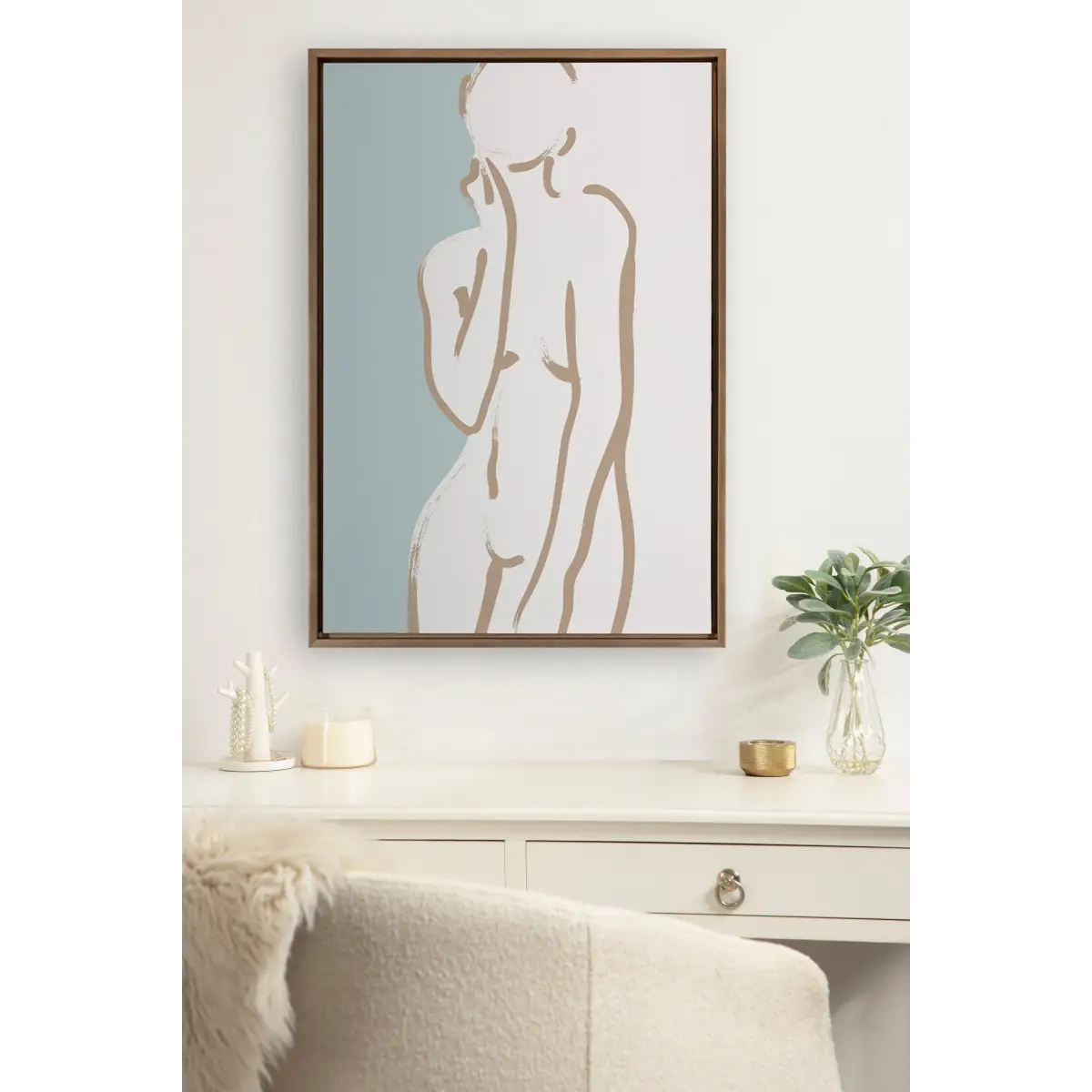 Framed Canvas Art - Simple Romantic Line Art Nude Drawing Tan and Teal - kateandlaurel
