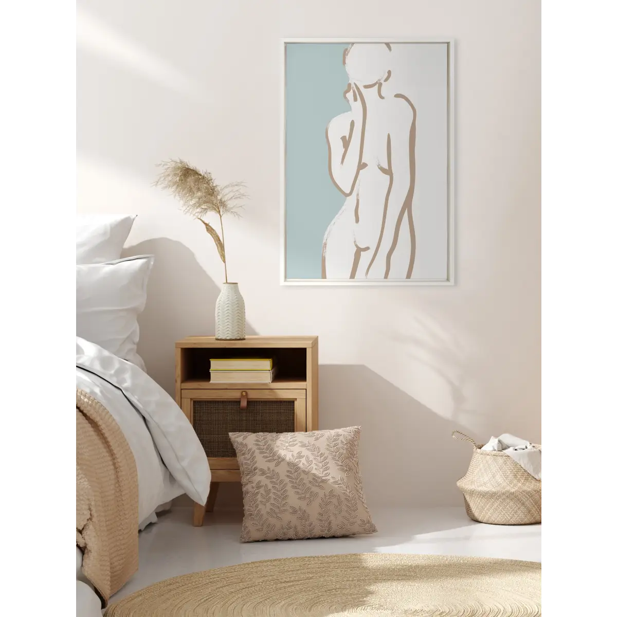 Framed Canvas Art - Simple Romantic Line Art Nude Drawing Tan and Teal - kateandlaurel