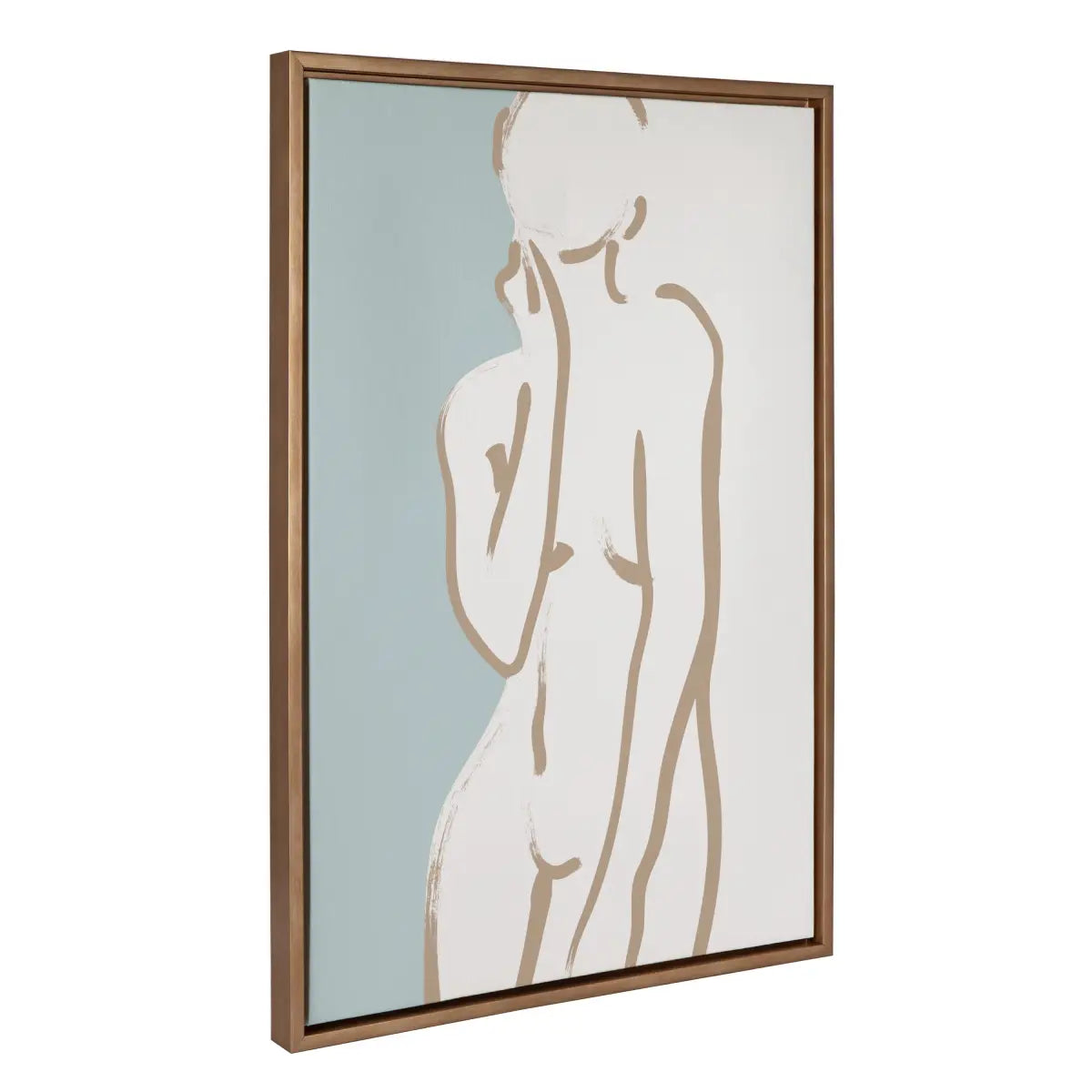 Framed Canvas Art - Simple Romantic Line Art Nude Drawing Tan and Teal - Gold / 23x33 - kateandlaurel
