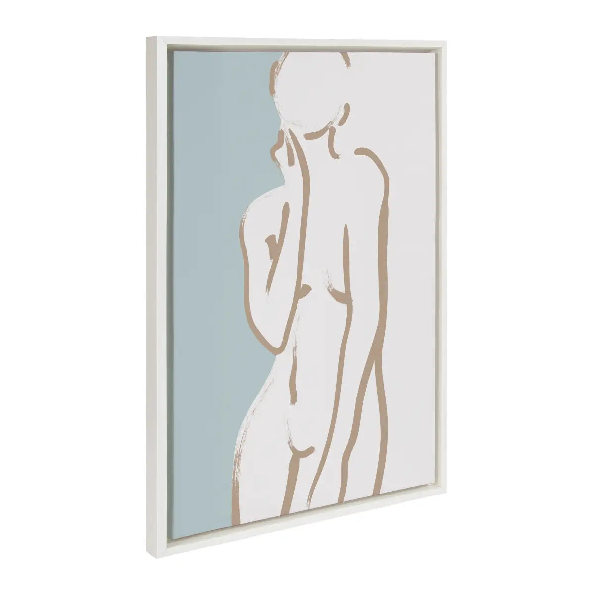 Framed Canvas Art - Simple Romantic Line Art Nude Drawing Tan and Teal - White / 23x33 - kateandlaurel