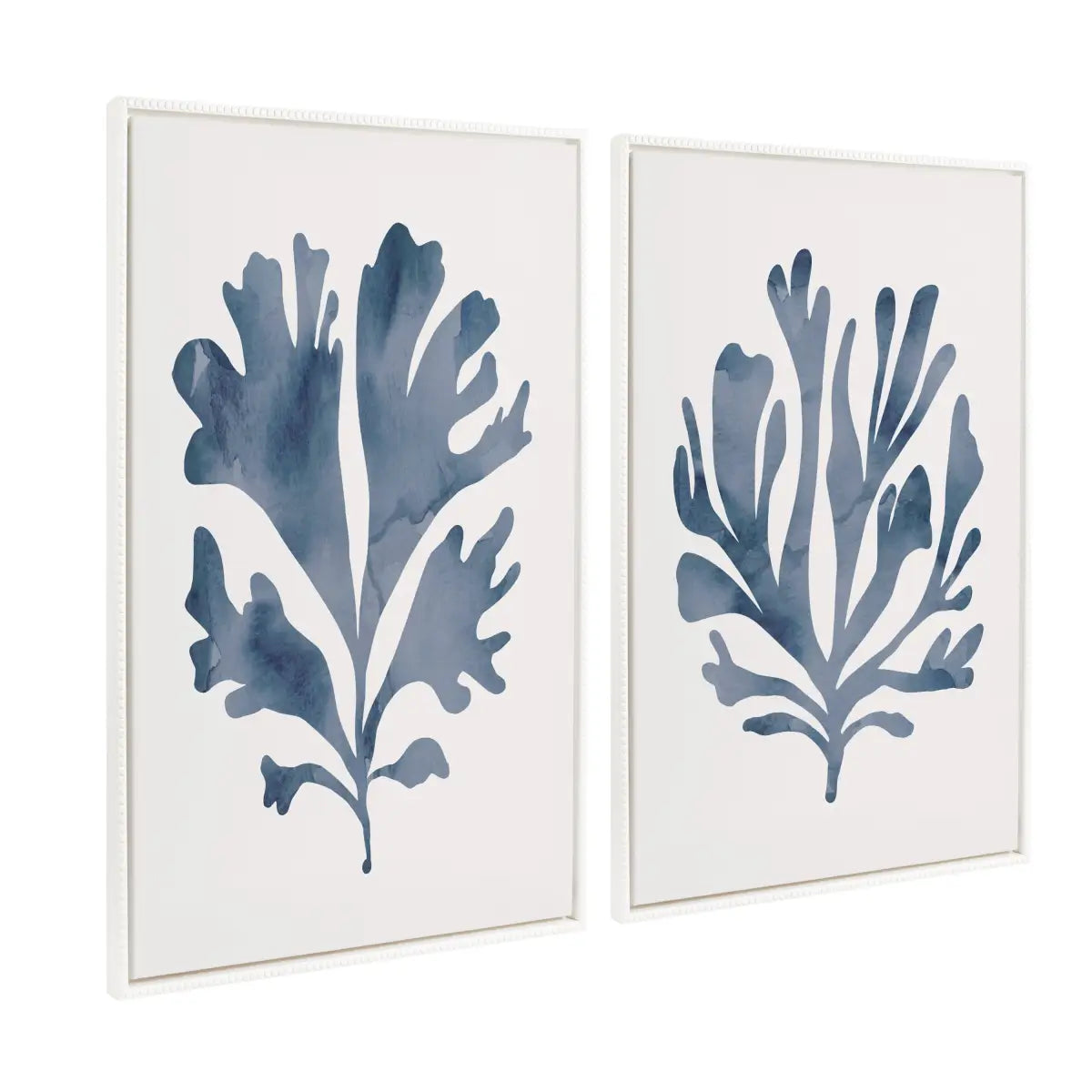 Sophisticated Neutral Coral Blue Framed Canvas Art - Set of 2 - Beaded White / 2 Piece Set 28x38 - kateandlaurel
