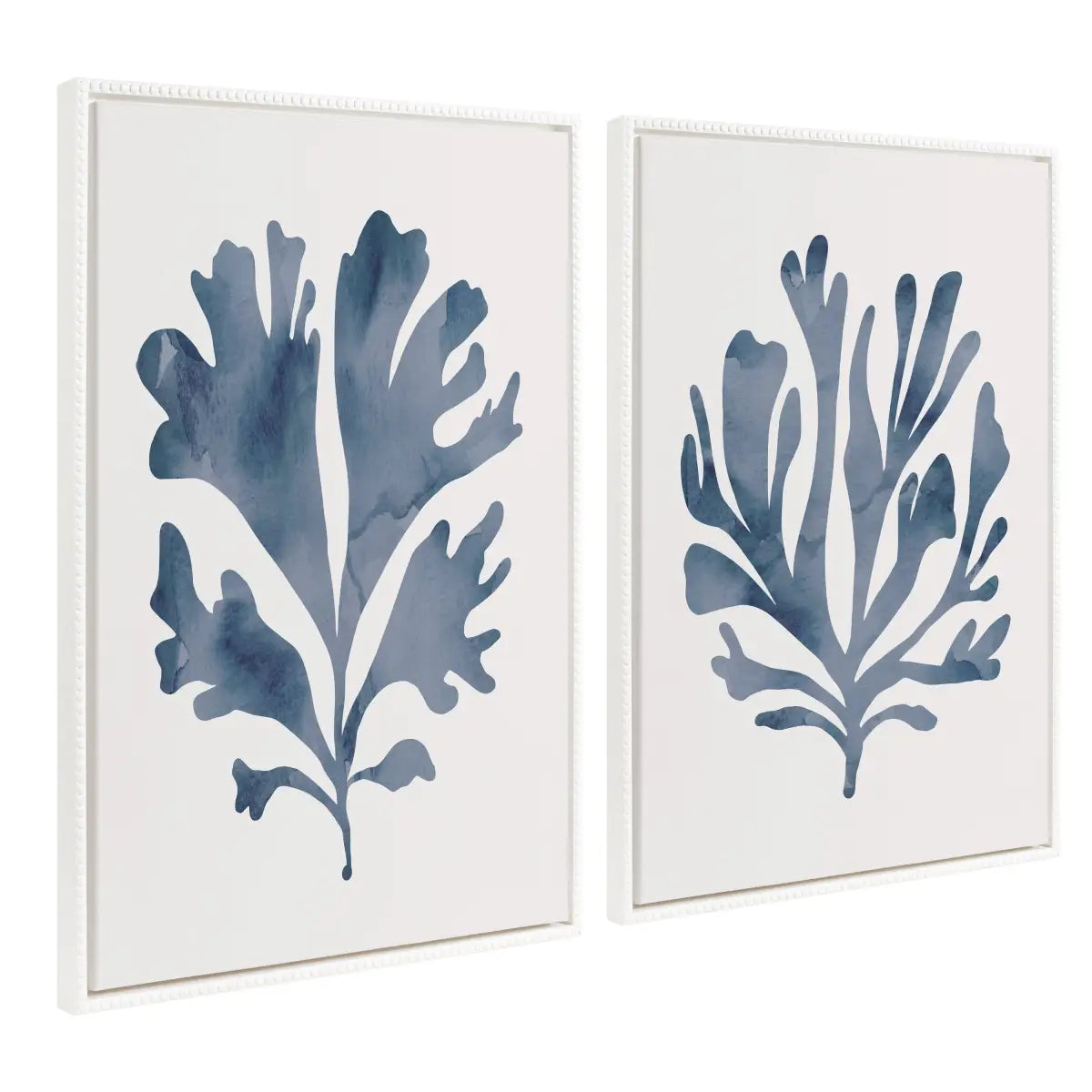 Sophisticated Neutral Coral Blue Framed Canvas Art - Set of 2 - Beaded White / 2 Piece Set 23x33 - kateandlaurel