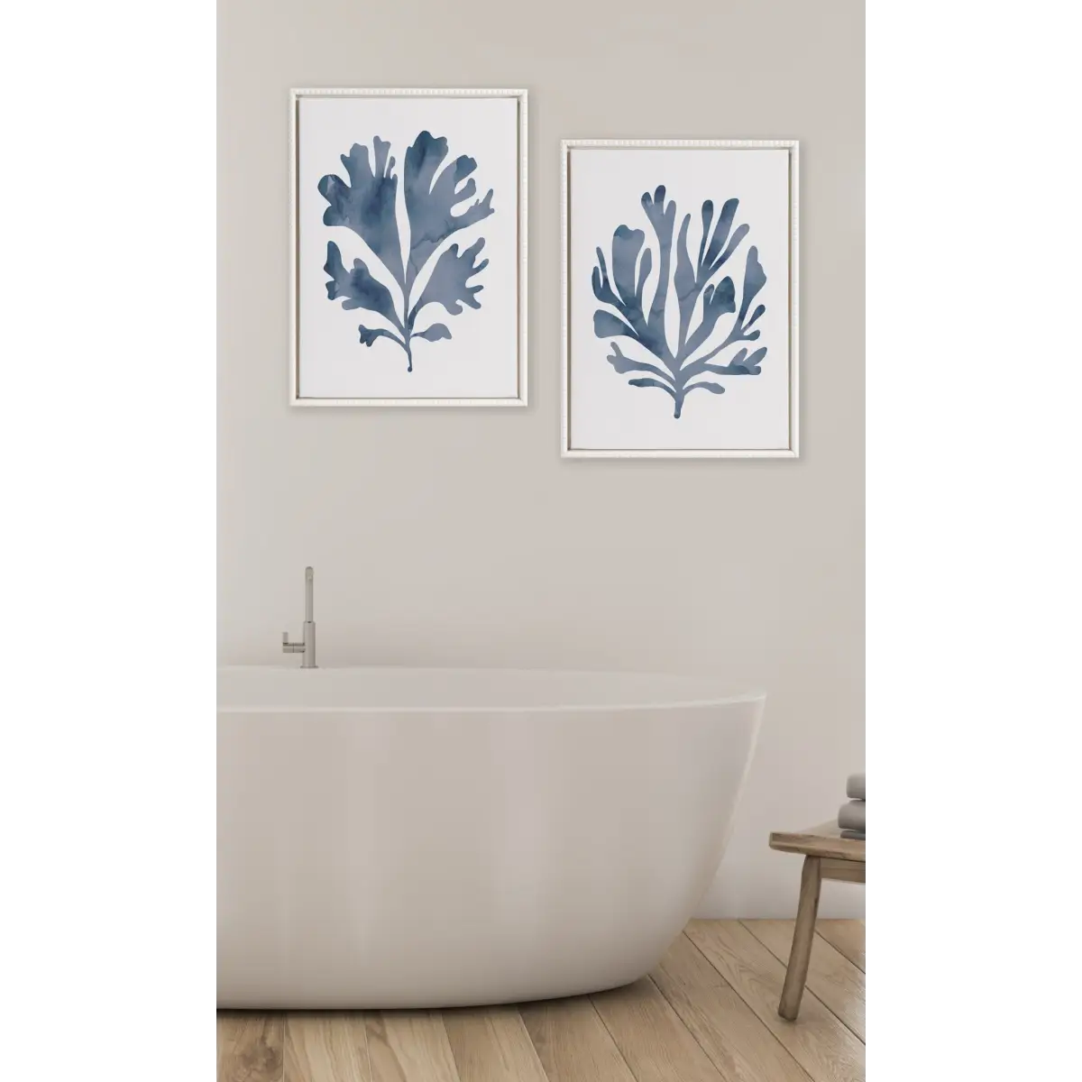 Sophisticated Neutral Coral Blue Framed Canvas Art - Set of 2 - kateandlaurel
