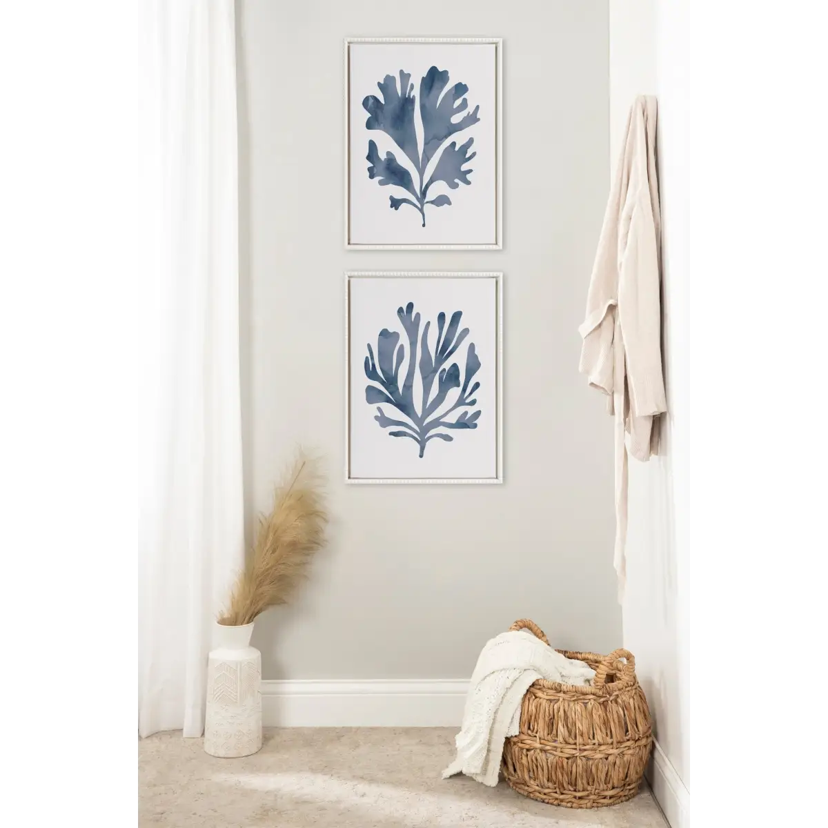 Sophisticated Neutral Coral Blue Framed Canvas Art - Set of 2 - kateandlaurel