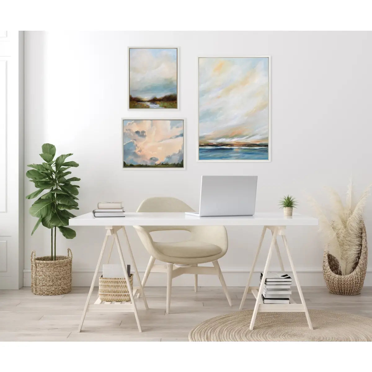 Canvas Art Print Set of 3 - Sunday Morning Tranquility and Clouds - White / 3 Piece Set - kateandlaurel
