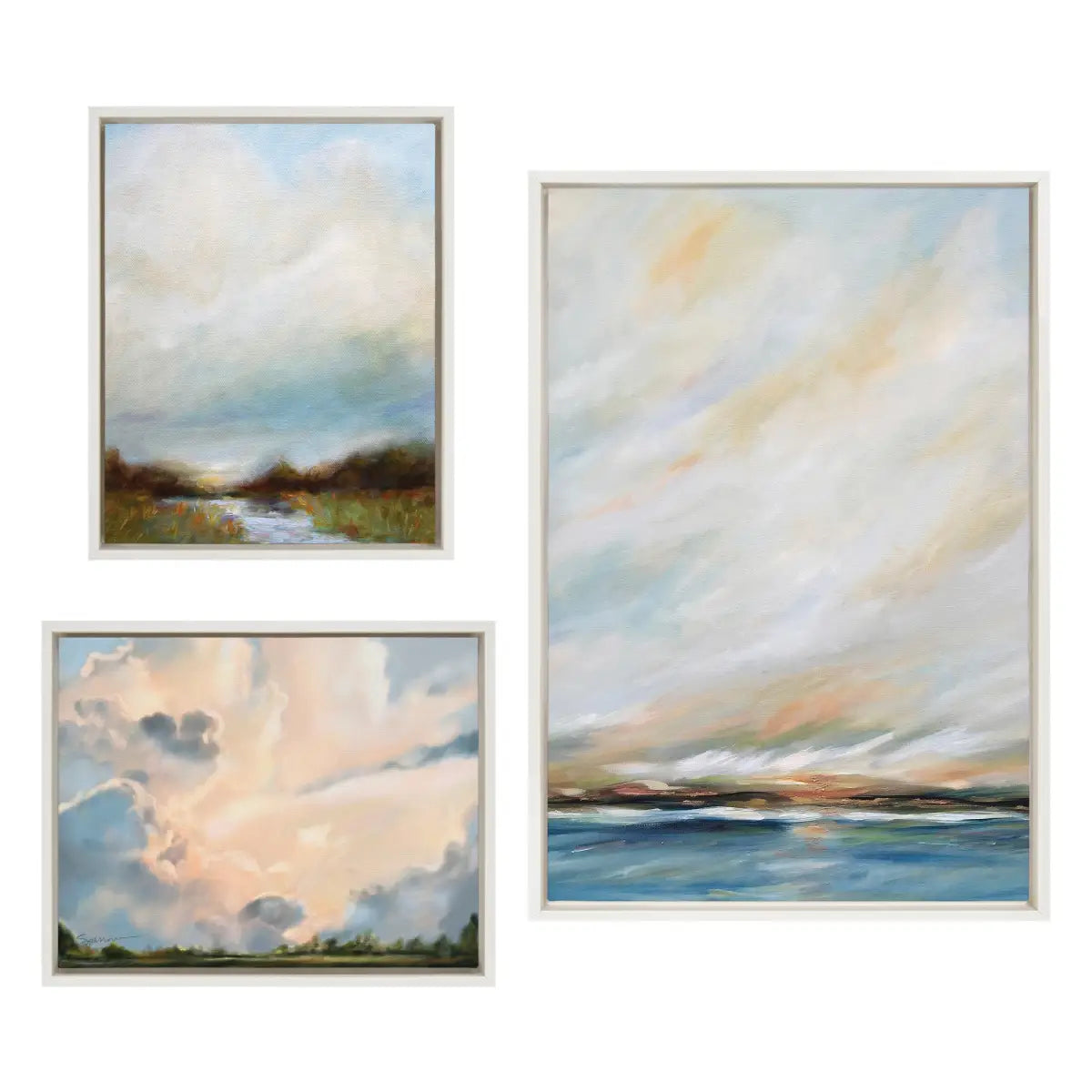 Canvas Art Print Set of 3 - Sunday Morning Tranquility and Clouds - White / 3 Piece Set - kateandlaurel