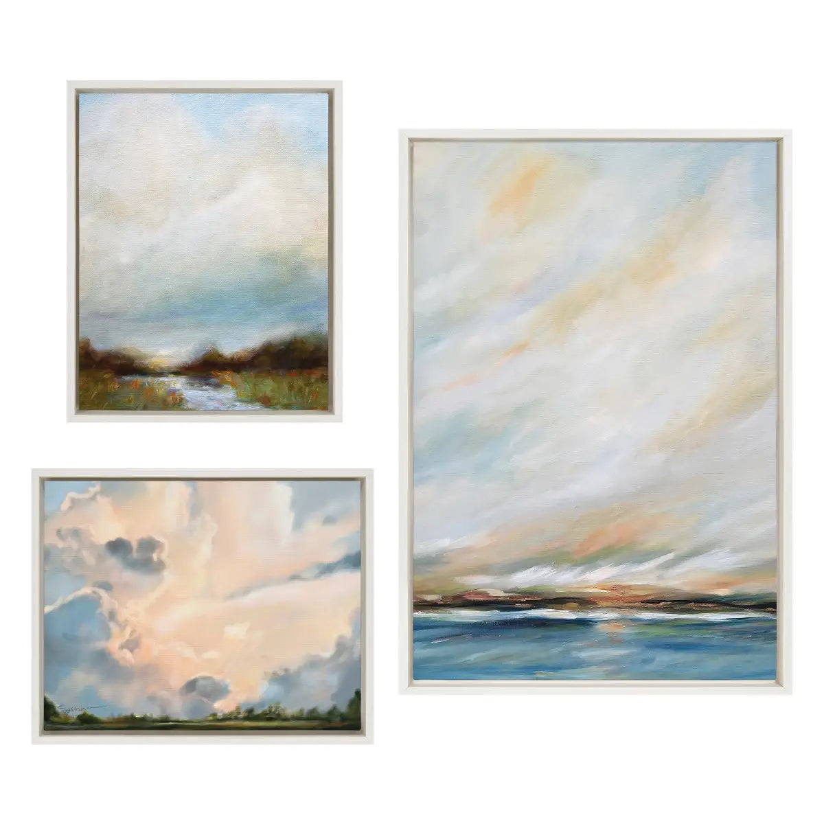 Canvas Art Print Set of 3 - Sunday Morning Tranquility and Clouds - White / 3 Piece Set - kateandlaurel