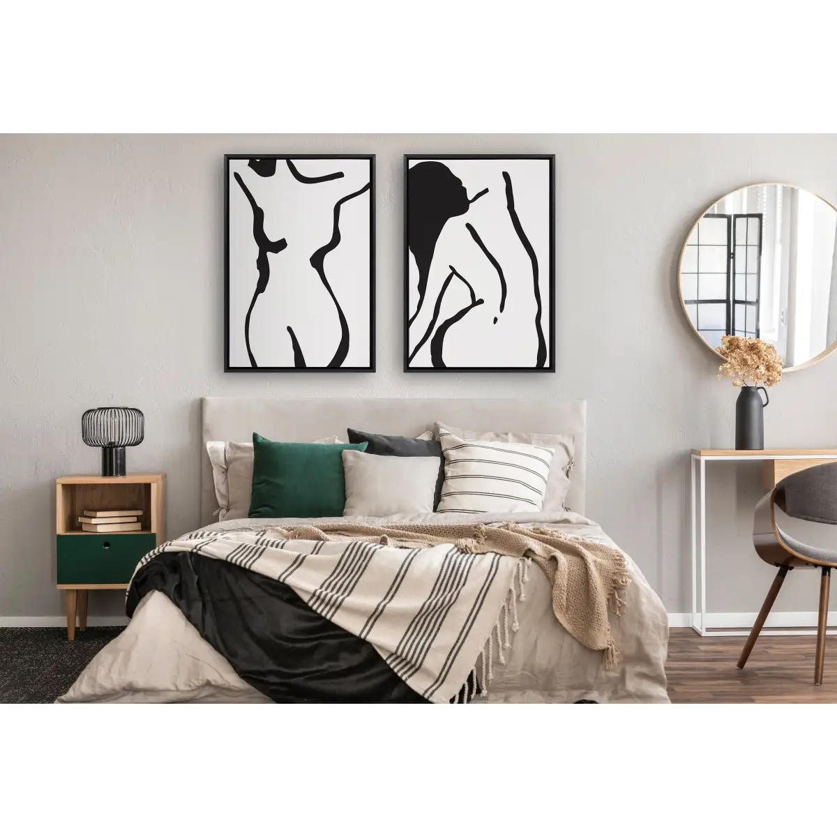 Framed Canvas - Feminine Figural Nude Drawing Black and White - kateandlaurel