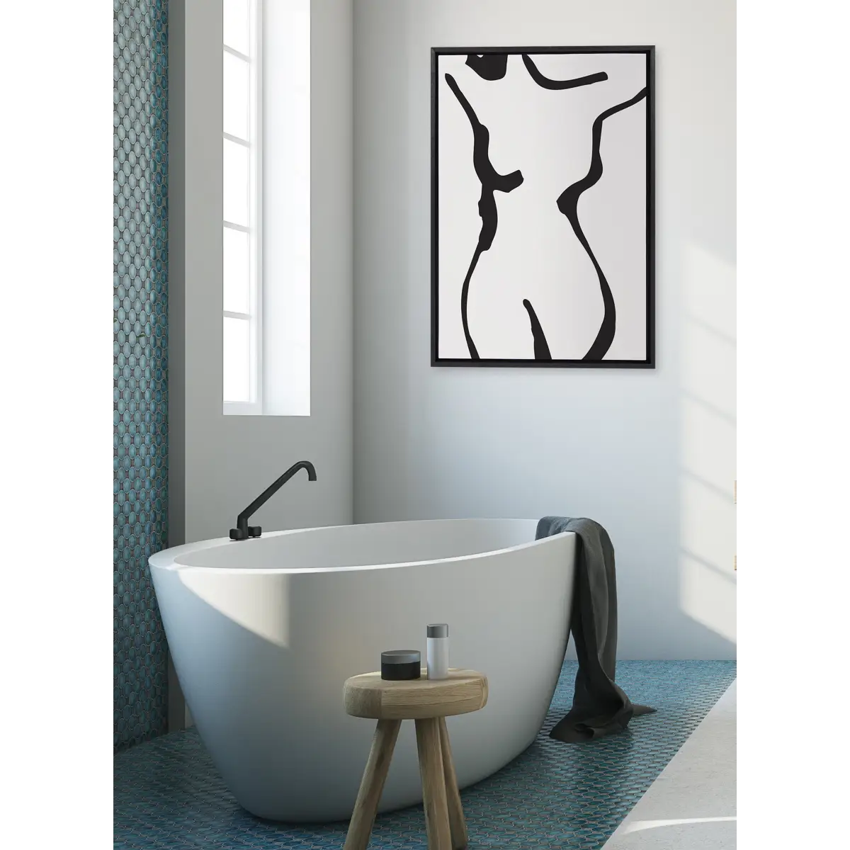 Framed Canvas - Feminine Figural Nude Drawing Black and White - kateandlaurel