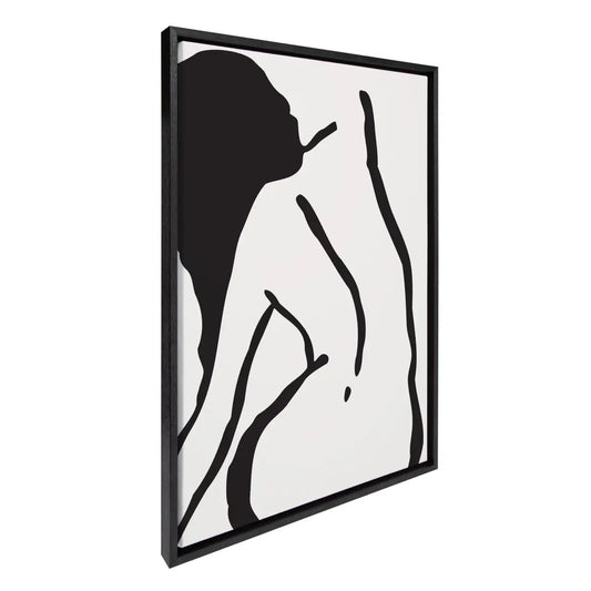 Framed Canvas Art - Feminine Figural Nude Drawing Black and White - Black / 23x33 - kateandlaurel