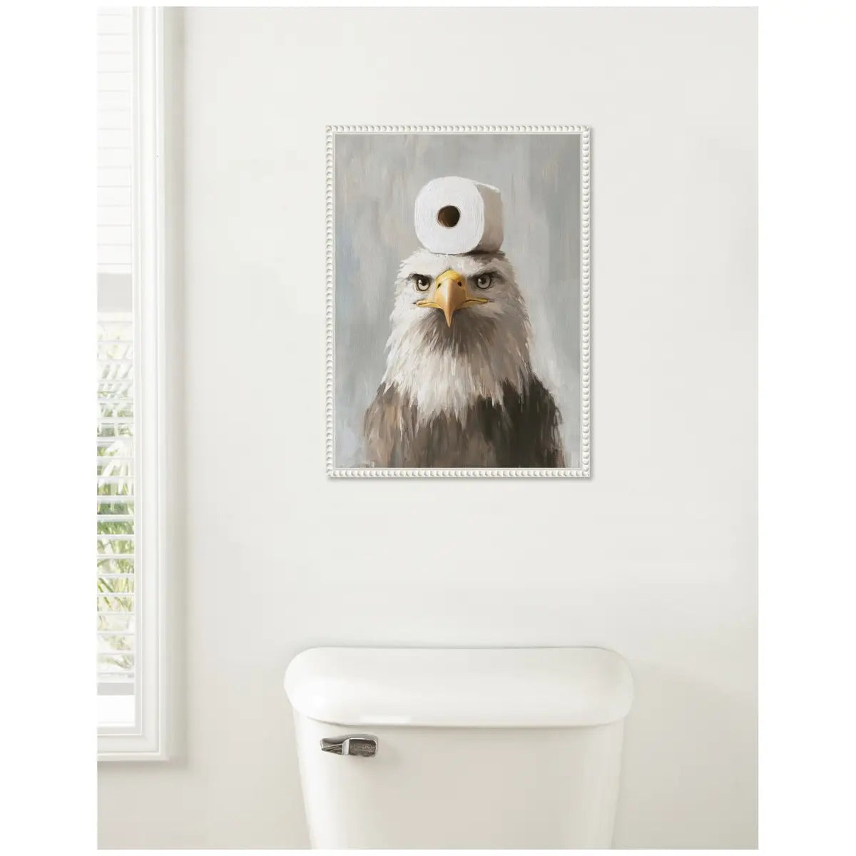 Bathroom Art Framed Canvas - Toilet Paper Roll on Bald Eagle Head - Beaded White - kateandlaurel