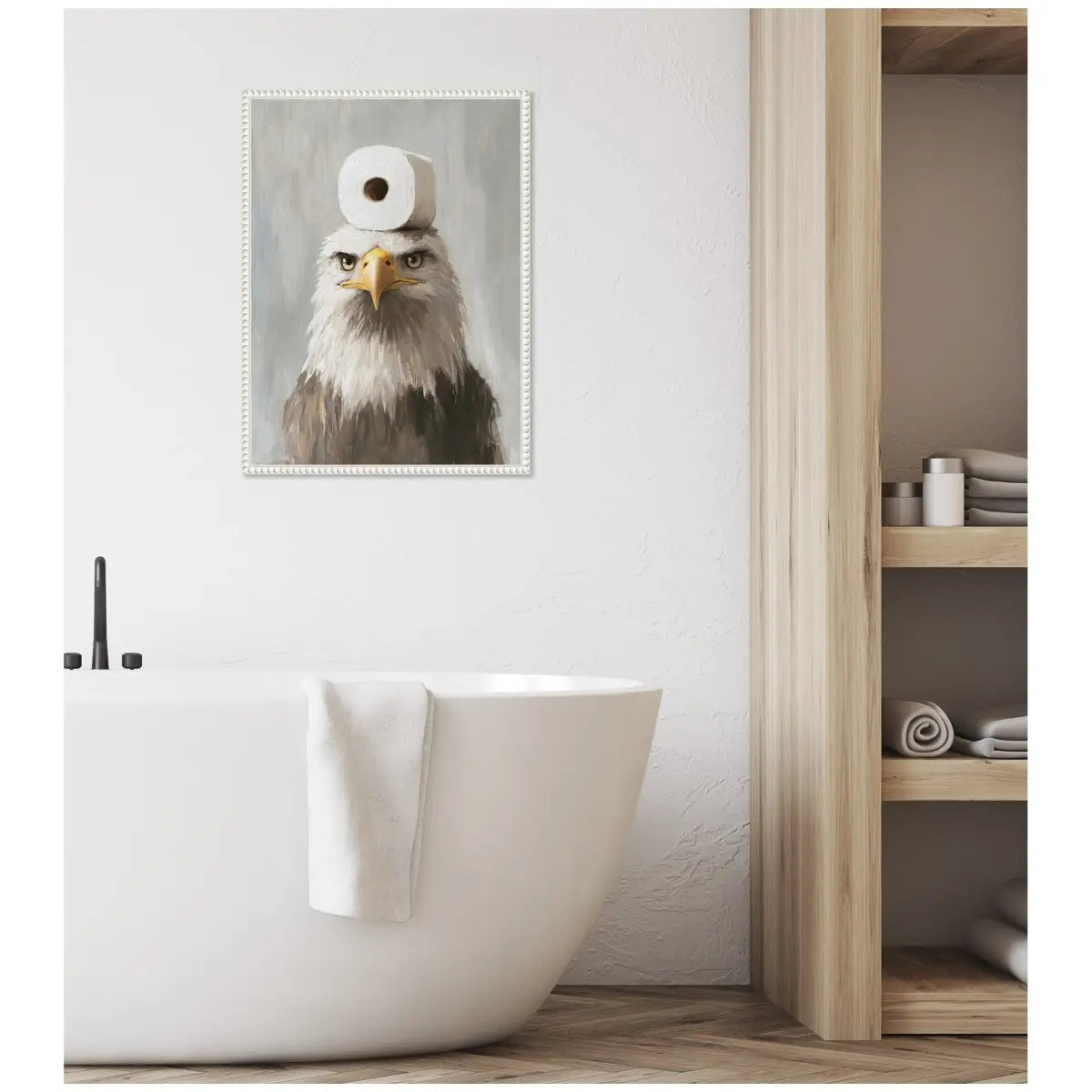 Bathroom Art Framed Canvas - Toilet Paper Roll on Bald Eagle Head - Beaded White - kateandlaurel