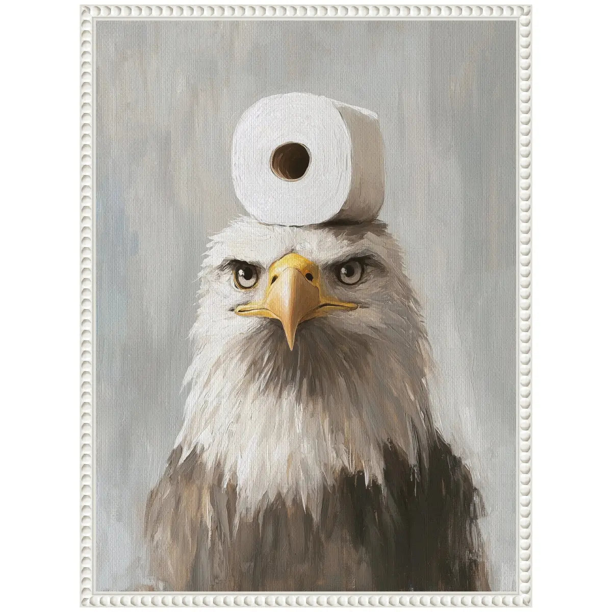 Bathroom Art Framed Canvas - Toilet Paper Roll on Bald Eagle Head - Beaded White - kateandlaurel