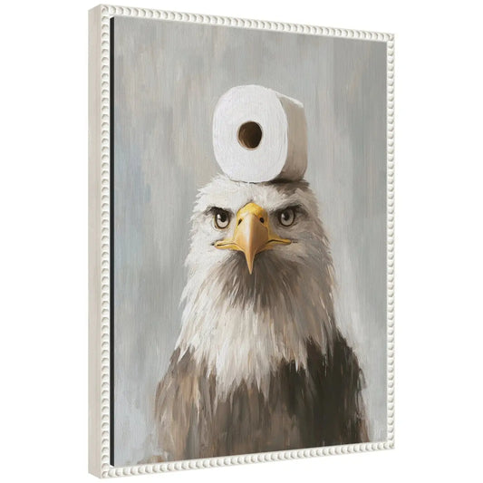 Bathroom Art Framed Canvas - Toilet Paper Roll on Bald Eagle Head - Beaded White - kateandlaurel