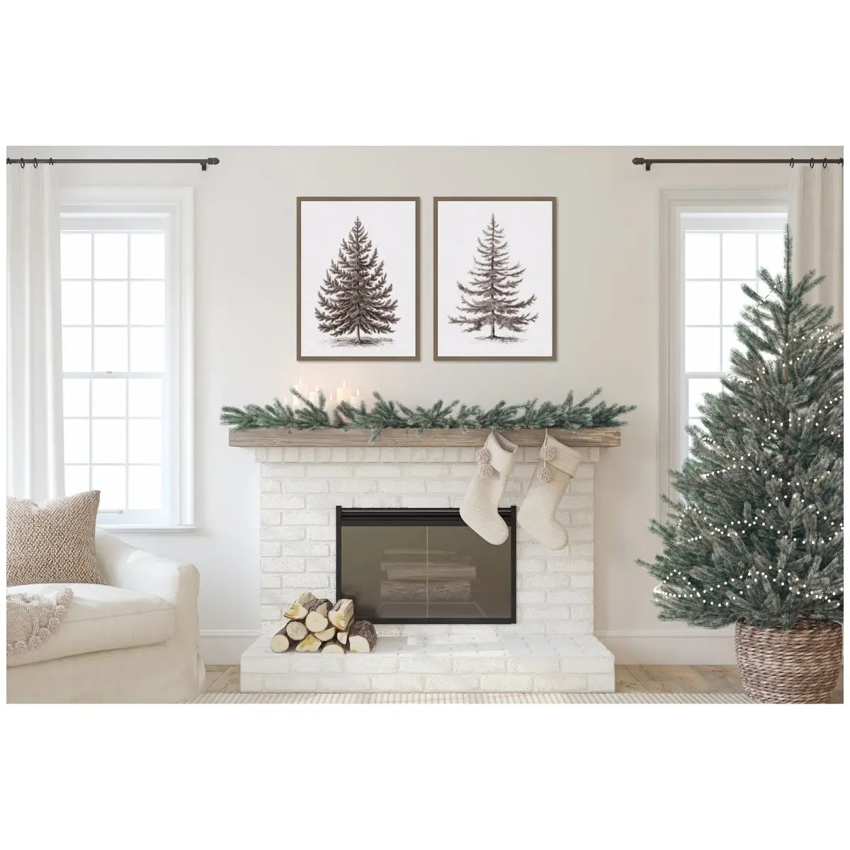 Vintage Evergreen Fir Tree - Framed Canvas Art - Set of 2 - kateandlaurel