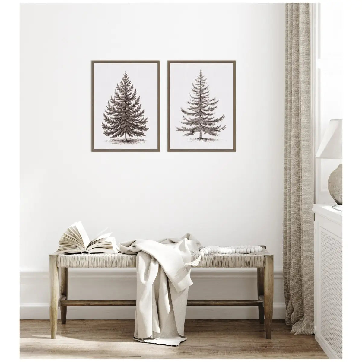 Vintage Evergreen Fir Tree - Framed Canvas Art - Set of 2 - kateandlaurel
