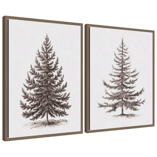 Vintage Evergreen Fir Tree - Framed Canvas Art - Set of 2 - kateandlaurel