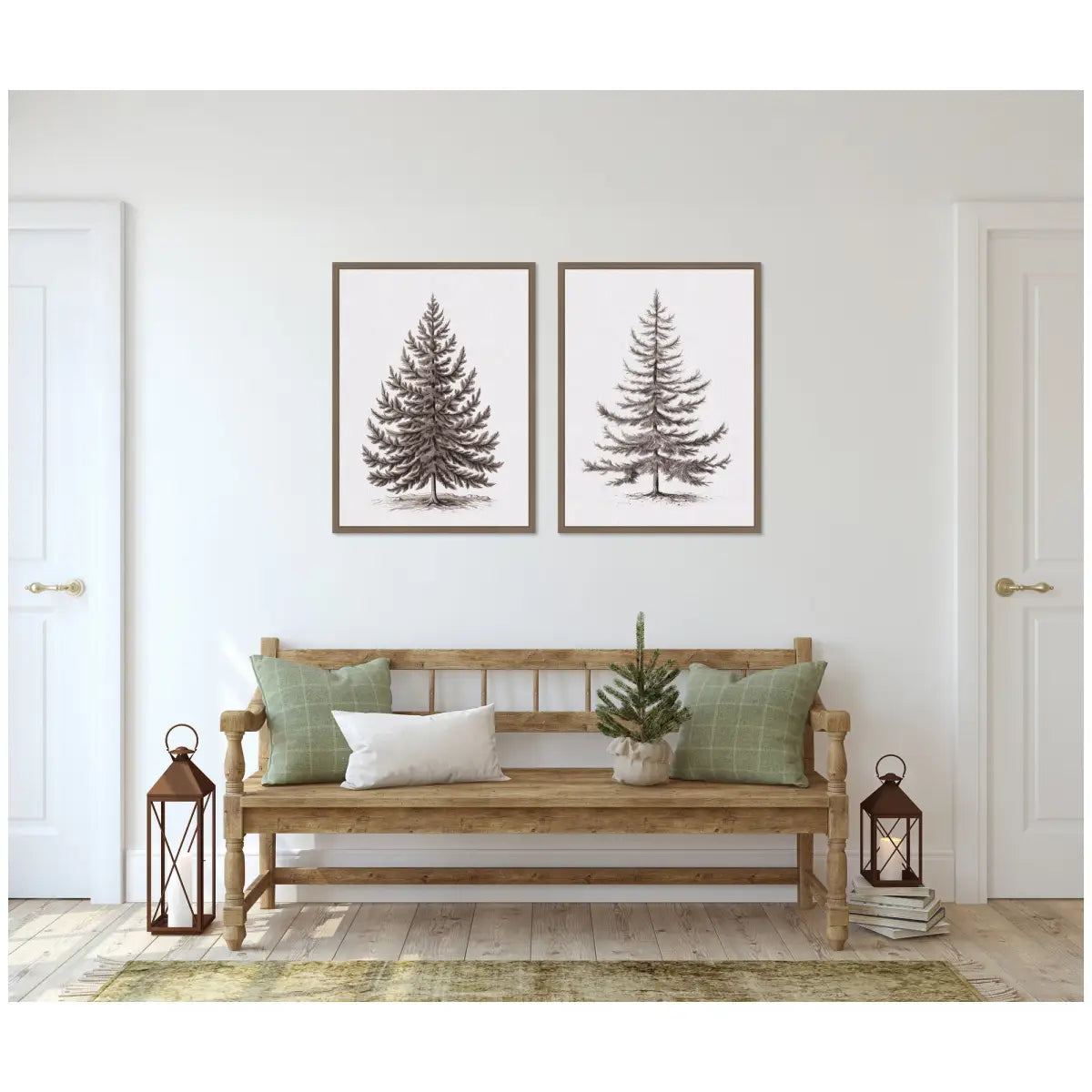 Vintage Evergreen Fir Tree - Framed Canvas Art - Set of 2 - kateandlaurel