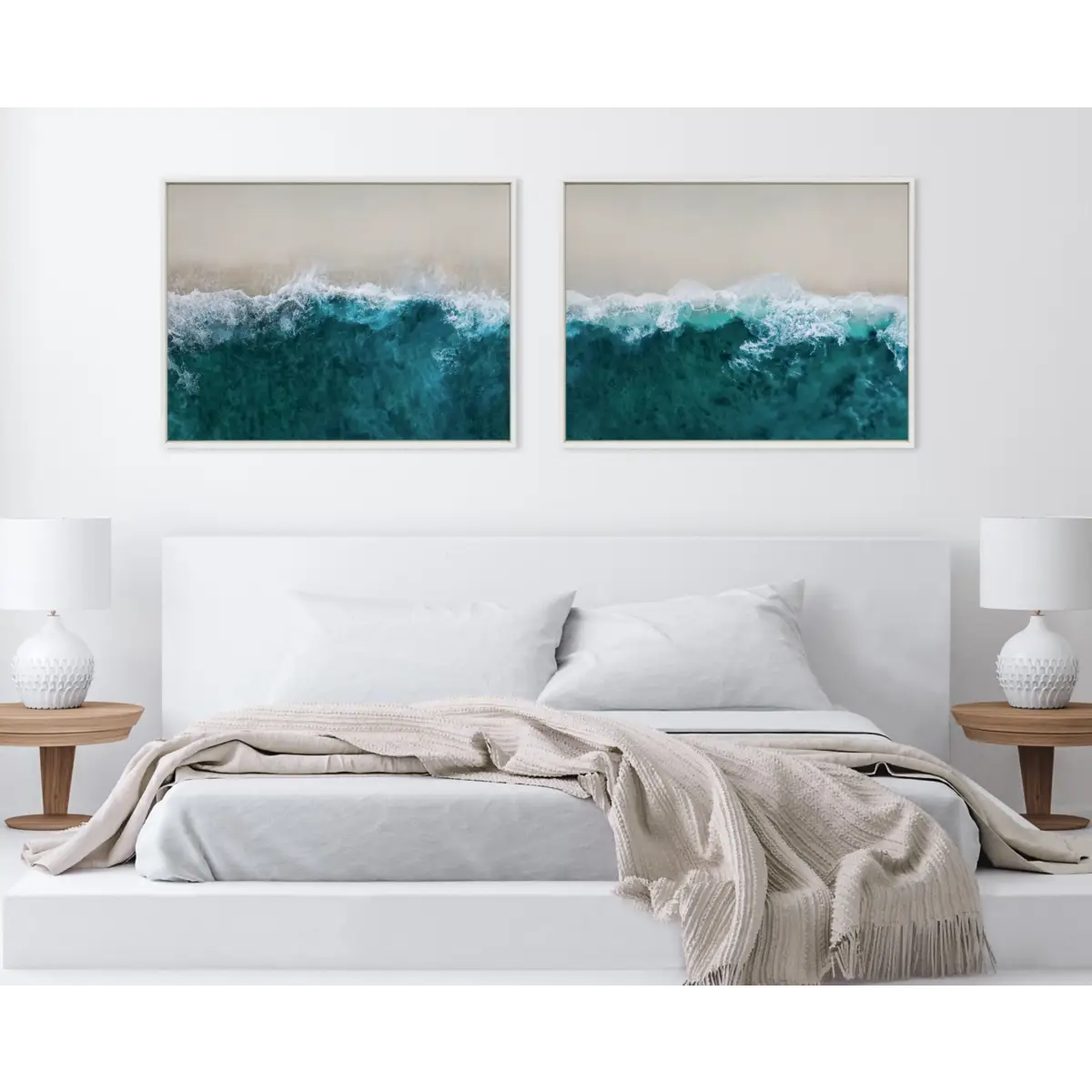 Framed Canvas Art - Waves Crashing on the Beach 1 and 2 - Set of 2 - White / 2 Piece Set 28x38 - kateandlaurel