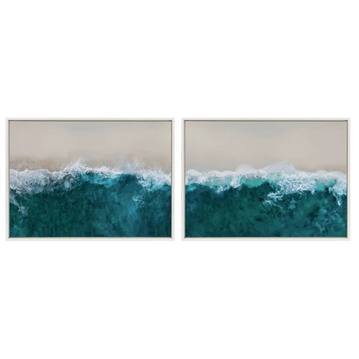 Framed Canvas Art - Waves Crashing on the Beach 1 and 2 - Set of 2 - White / 2 Piece Set 28x38 - kateandlaurel
