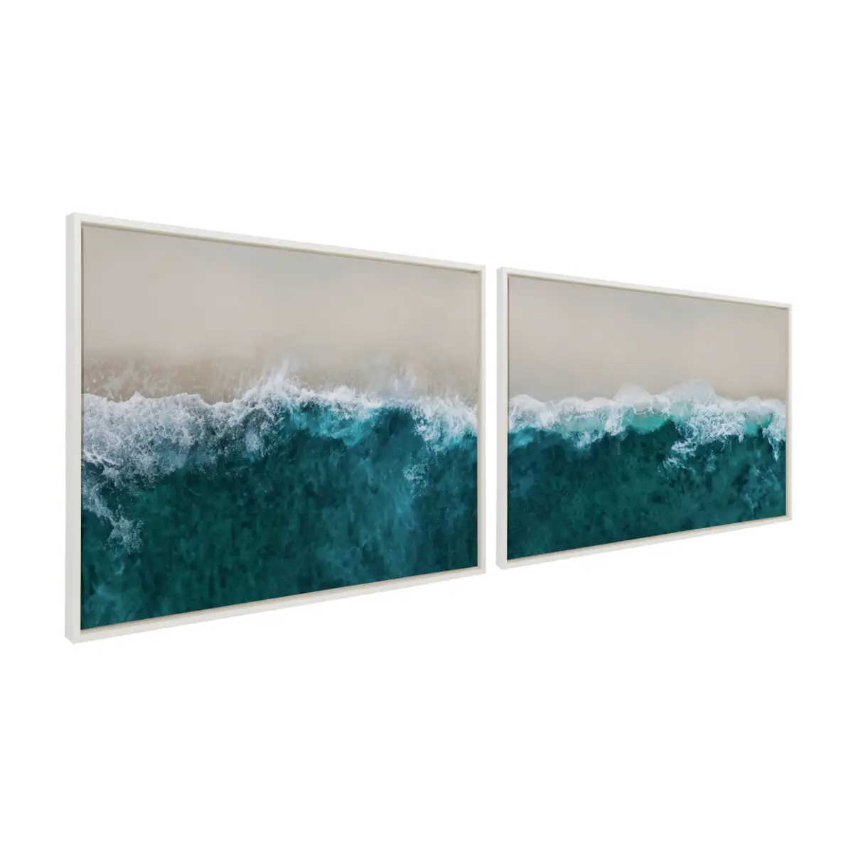 Framed Canvas Art - Waves Crashing on the Beach 1 and 2 - Set of 2 - White / 2 Piece Set 28x38 - kateandlaurel