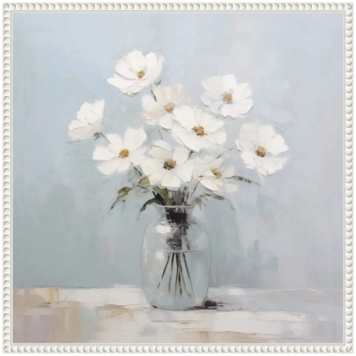 White Daisies in a Jar on French Cottage Blue Framed Canvas - kateandlaurel