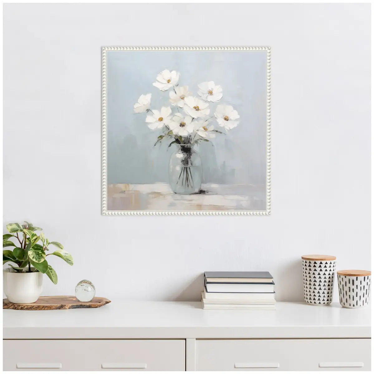 White Daisies in a Jar on French Cottage Blue Framed Canvas - kateandlaurel