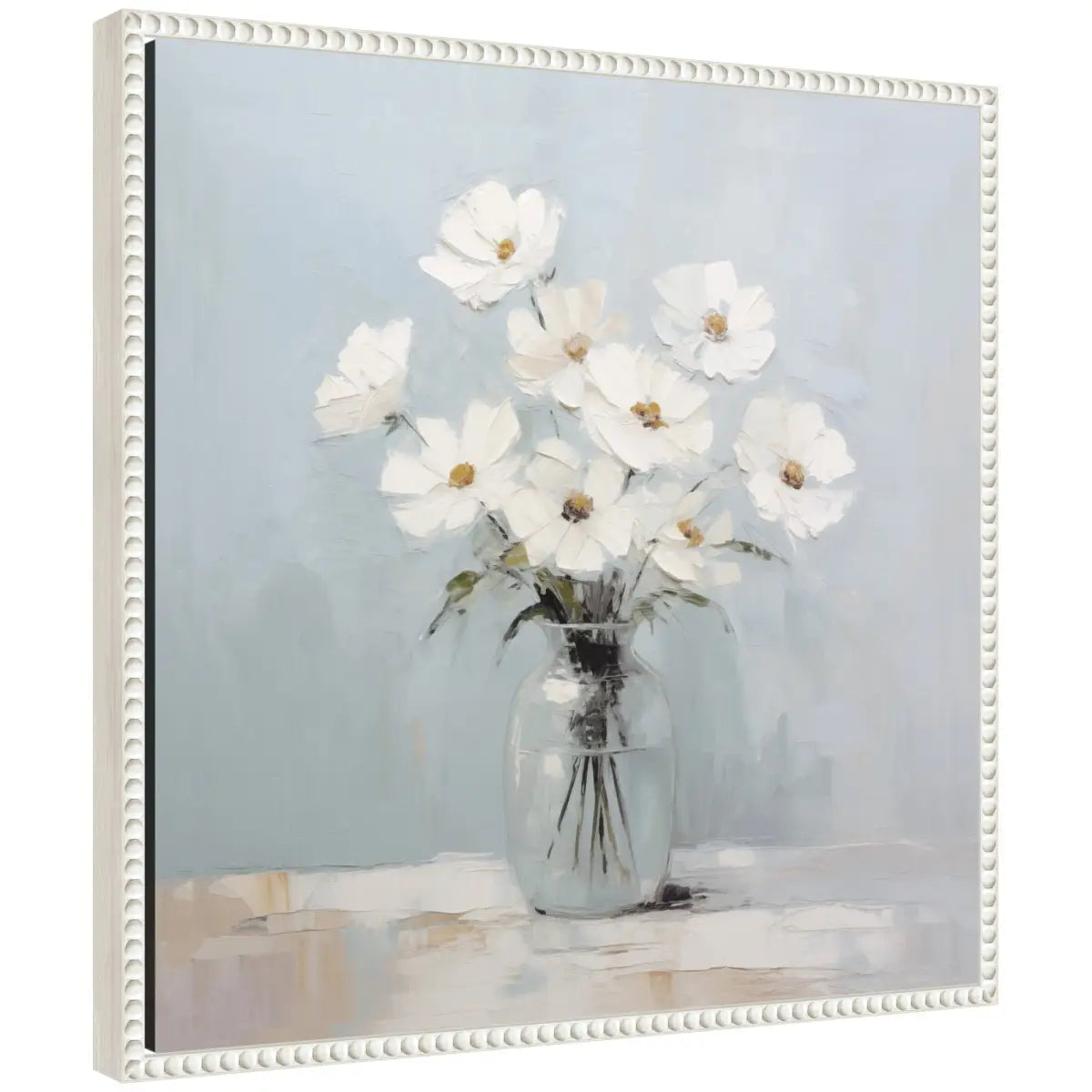 White Daisies in a Jar on French Cottage Blue Framed Canvas - kateandlaurel