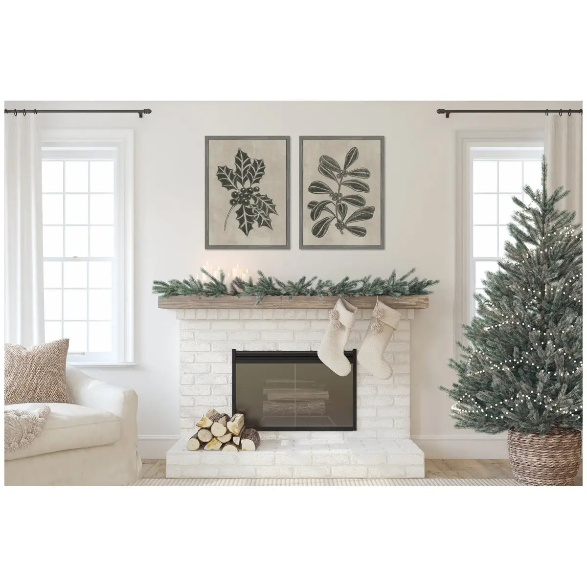 Canvas Art Print Set of 2 - Winter Holly and Berries by Nikita Jariwala - kateandlaurel